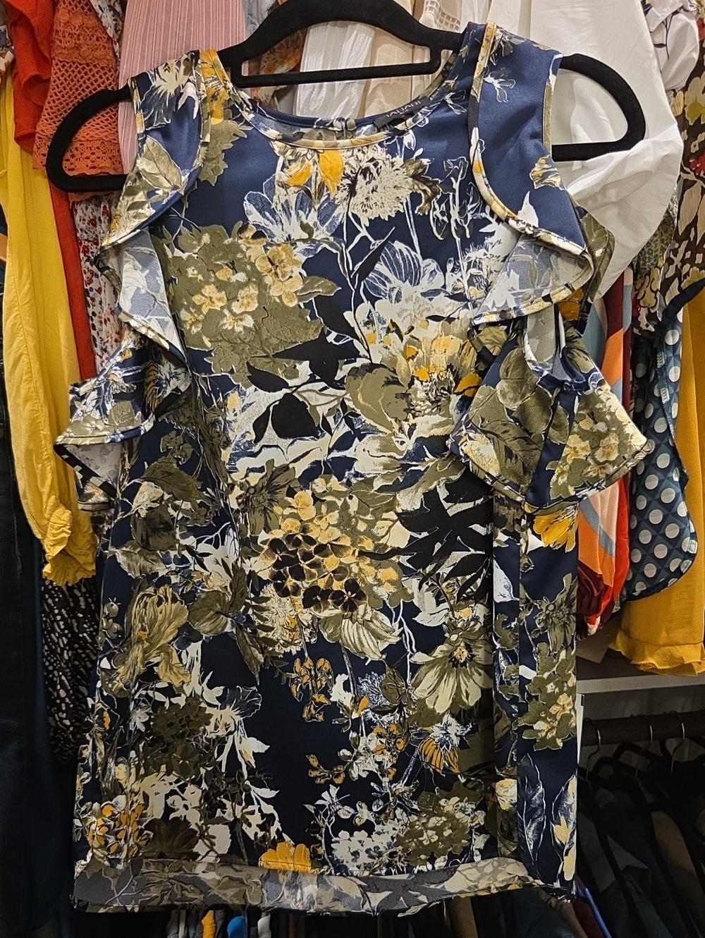 Tahari Navy Floral Cold-Shoulder Blouse with Olive and Yellow Print